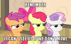 Size: 600x375 | Tagged: apple bloom, caption, cropped, cutie mark crusaders, derpibooru import, edit, edited screencap, image macro, jurassic park, meme, movie reference, puffed chest, safe, scootaloo, screencap, sitting, somepony to watch over me, sweat, sweetie belle, text, tough, trio
