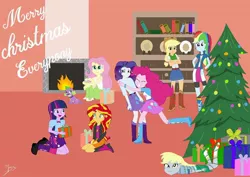 Size: 1080x764 | Tagged: safe, artist:operfield, derpibooru import, applejack, derpy hooves, fluttershy, pinkie pie, rainbow dash, rarity, sci-twi, spike, sunset shimmer, twilight sparkle, dog, equestria girls, bookcase, christmas, christmas lights, christmas tree, clothes, cutie mark, cutie mark on clothes, female, fireplace, holiday, hug, humane five, humane seven, humane six, kneeling, merry christmas, present, shoes, skirt, spike the dog, tree, wrapped up