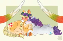 Size: 2450x1584 | Tagged: safe, artist:lycanrosie, derpibooru import, applejack, rarity, earth pony, unicorn, blushing, braided tail, colored hooves, curved horn, eyes closed, female, floral head wreath, flower, flower in hair, frog (hoof), horn, lesbian, preggo jack, pregnant, rarijack, shipping, smiling, story included, underhoof, unshorn fetlocks