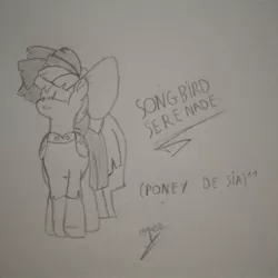 Size: 1080x1080 | Tagged: safe, artist:operfield, derpibooru import, songbird serenade, pegasus, pony, my little pony: the movie, bow, female, hair bow, lineart, mare, monochrome, sia (singer), signature, solo, text, traditional art