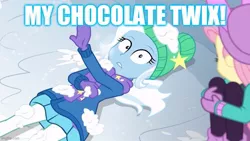 Size: 800x450 | Tagged: safe, derpibooru import, edit, edited screencap, screencap, fluttershy, trixie, equestria girls, equestria girls series, holidays unwrapped, spoiler:eqg series (season 2), caption, chocolate, food, image macro, text