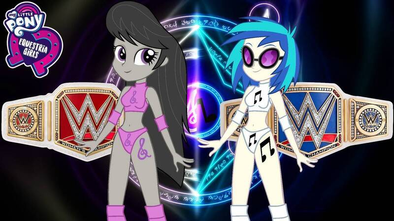 Size: 1192x670 | Tagged: safe, artist:marcusvanngriffin, derpibooru import, octavia melody, vinyl scratch, equestria girls, adorasexy, bikini, bikini bottom, bikini top, championship belt, clothes, cute, cutie mark, cutie mark on equestria girl, equestria girls logo, female, lesbian, logo, pose, scratchtavia, sexy, shipping, sports, swimsuit, tag team, wrestling, wwe