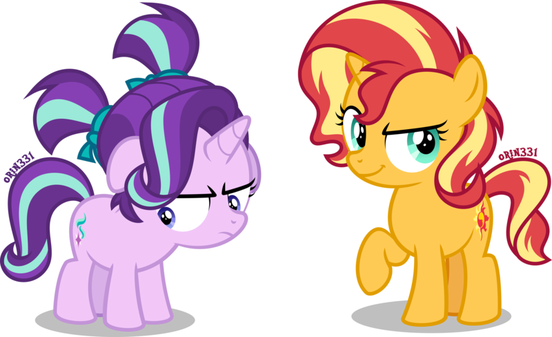 Size: 4000x2440 | Tagged: safe, artist:orin331, derpibooru import, starlight glimmer, sunset shimmer, unicorn, alternate hairstyle, cute, duo, female, filly, filly starlight glimmer, filly sunset shimmer, glimmerbetes, raised hoof, shimmerbetes, simple background, transparent background, vector, younger