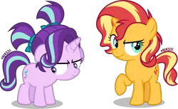 Size: 4000x2440 | Tagged: safe, artist:orin331, derpibooru import, starlight glimmer, sunset shimmer, unicorn, alternate hairstyle, cute, duo, female, filly, filly starlight glimmer, filly sunset shimmer, glimmerbetes, raised hoof, shimmerbetes, simple background, transparent background, vector, younger