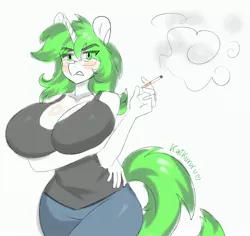 Size: 2081x1965 | Tagged: suggestive, artist:kaikururu, derpibooru import, oc, oc:emerald fury, unofficial characters only, anthro, unicorn, big breasts, blushing, breasts, busty oc, cigarette, clothes, digital art, female, grumpy, holding, horn, simple background, smoke, smoking, solo, solo female, tail, white background