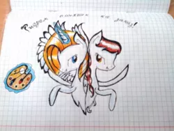 Size: 1280x960 | Tagged: safe, artist:kiwwsplash, derpibooru import, oc, unofficial characters only, pegasus, pony, unicorn, braid, bust, duo, glowing horn, graph paper, horn, magic, palette, pegasus oc, telekinesis, text, traditional art, unicorn oc, wings