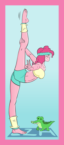 Size: 1200x2700 | Tagged: safe, artist:lzh, derpibooru import, gummy, pinkie pie, equestria girls, bandeau, barefoot, belly button, breasts, carpet, clothes, eyes closed, feet, female, flexible, gym uniform, midriff, peace sign, stretching, sweatband, yoga