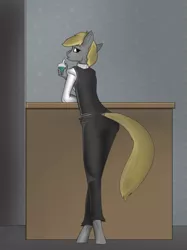 Size: 527x703 | Tagged: anthro, artist:queen-razlad, ass, bootie, butt, derpibooru import, drinking, looking at you, looking back, male, oc, oc:trestle, safe, sipping, solo, thick, unguligrade anthro, waiter