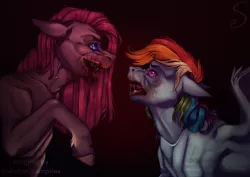 Size: 2224x1579 | Tagged: grimdark, artist:spencharly, derpibooru import, pinkie pie, rainbow dash, earth pony, pegasus, pony, blood, creepy, drool, open mouth, pinkamena diane pie, rivalry, sharp teeth, teeth