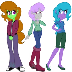 Size: 2000x2000 | Tagged: safe, artist:chelseawest, derpibooru import, oc, oc:moonlit painter, oc:painted petal, oc:scribbles, equestria girls, boots, clothes, female, high res, pants, shoes, simple background, transparent background