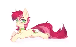 Size: 3102x1932 | Tagged: safe, artist:roole, derpibooru import, roseluck, earth pony, pony, collar, colored pupils, cute, female, fluffy, lying down, mare, pet tag, pony pet, rosepet, simple background, solo, starry eyes, white background, wingding eyes