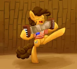 Size: 1280x1140 | Tagged: safe, artist:khaki-cap, derpibooru import, cheese sandwich, earth pony, pony, accordion, add tags please, clothes, dancing, funny, musical instrument, please don't nuke us north korea, puffy mane, shirt, silly, singing, solo, song, song reference, t-shirt, usa flag, weird al cheese sandwich, weird al yankovic