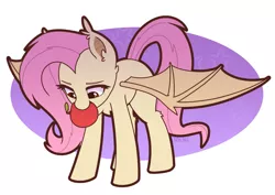 Size: 1843x1308 | Tagged: safe, artist:puetsua, derpibooru import, fluttershy, bat pony, pony, abstract background, apple, bat ponified, bat wings, cute, ear fluff, ear tufts, female, flutterbat, food, leg fluff, mane, mare, mouth hold, race swap, shyabates, shyabetes, solo, tail, wings