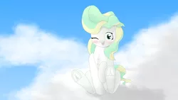 Size: 3840x2160 | Tagged: safe, artist:astralr, derpibooru import, vapor trail, pegasus, pony, blushing, cloud, cute, female, looking at you, mare, sitting, sky, solo, vaporbetes