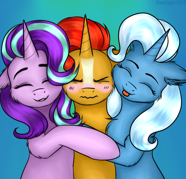 Size: 2650x2550 | Tagged: safe, artist:darklight1315, derpibooru import, starlight glimmer, sunburst, trixie, pony, unicorn, abstract background, bisexual, blushing, chest fluff, cute, ear fluff, eyes closed, female, harem, hug, lesbian, love triangle, male, ot3, polyamory, shipping, simple background, smiling, startrixburst, straight