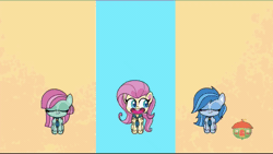Size: 800x450 | Tagged: safe, derpibooru import, screencap, fluttershy, minty, earth pony, pegasus, my little pony: pony life, the trail less trotten, spoiler:pony life s01e07, animated, archery, arrow, badge, binoculars, bow (weapon), cupcake, fishing rod, flag, food, gif, guitar, happy, marshmallow, musical instrument, paddle, sulking, trumpet, unhappy