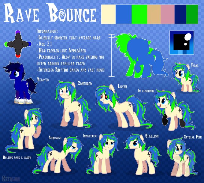 Size: 2048x1842 | Tagged: safe, artist:keyrijgg, derpibooru import, oc, oc:berry cream, oc:ravebounce, unofficial characters only, earth pony, pony, abstract background, art, blue background, commission, male, pose, reference sheet, simple background, stallion