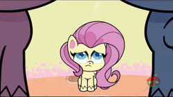 Size: 800x450 | Tagged: safe, deleted from derpibooru, derpibooru import, screencap, fluttershy, pinkie pie, rainbow dash, earth pony, pegasus, death of a sales-pony, my little pony: pony life, spoiler:pony life s01e07, animated, crying, droopy ears, gif, puppy dog eyes, small pony, treehouse logo