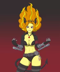 Size: 2000x2393 | Tagged: suggestive, artist:tirilka, derpibooru import, adagio dazzle, equestria girls, abs, breasts, clothes, cosplay, costume, female, helltaker, horns, jacket, leather jacket, solo, thighs