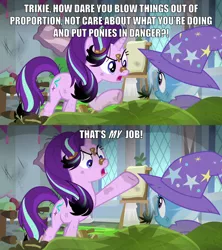 Size: 2000x2251 | Tagged: safe, derpibooru import, edit, edited screencap, screencap, starlight glimmer, trixie, pony, unicorn, a horse shoe-in, angry, burnt mane, cape, caption, clothes, dirty, duo, female, hat, hypocrite, image macro, impact font, mare, meme, messy mane, open mouth, raised hoof, school, scorched, text, trixie's cape, trixie's hat
