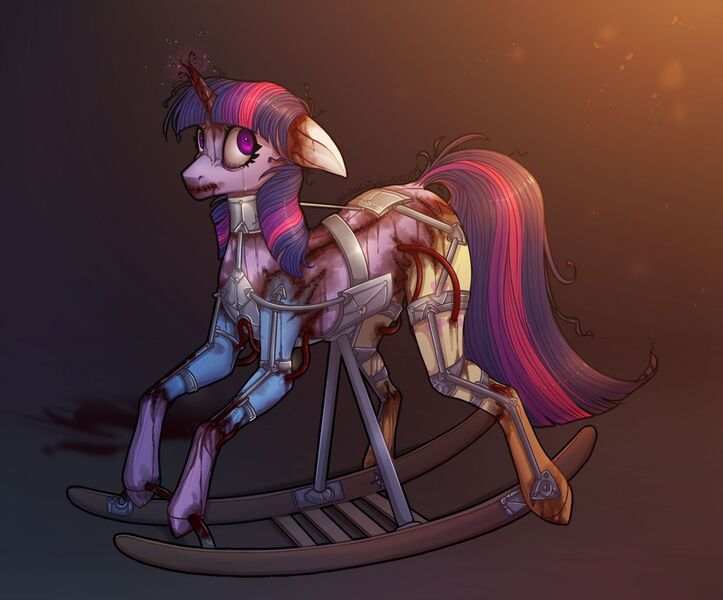 Size: 1600x1328 | Tagged: grimdark, grotesque, artist:blitsazalisdash, derpibooru import, applejack, fluttershy, pinkie pie, rainbow dash, rarity, twilight sparkle, twilight sparkle (alicorn), alicorn, cyborg, pony, 2019, amputee, bleeding, blood, body horror, broken horn, collar, crying, cutie mark, every day we stray further from god's light, exoskeleton, floppy ears, frankenpony, frankenstein's monster, frown, fusion, horn, i have no mouth and i must scream, kill me, leg brace, living object, looking at you, magic, mane six, redraw, rocking horse, scared, simple background, stitched mouth, stitches, tears of pain, transparent background, we have become one, what has science done, wide eyes, wing amputee