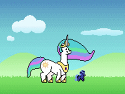 Size: 1440x1080 | Tagged: safe, artist:2snacks, derpibooru import, princess celestia, princess luna, alicorn, 8-bit, animated, crown, cursed, ducktales, exploitable meme, female, filly, hair over one eye, hand, head pat, impossibly long neck, jewelry, lesser dog, long neck, magic, magic hands, meme, moon, mouth, mouth hold, music, necc, nope.avi, pat, pixel art, princess necklestia, regalia, royal sisters, scruff, sound, to the moon, wat, webm, woona, younger