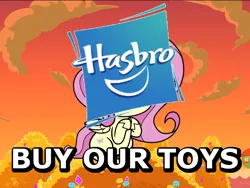 Size: 1440x1080 | Tagged: safe, derpibooru import, edit, edited screencap, screencap, fluttershy, pegasus, pony, death of a sales-pony, my little pony: pony life, spoiler:pony life s01e07, buy our toys, caption, cropped, female, hasbro, image macro, mare, solo, text, treehouse logo