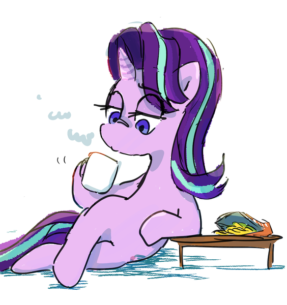 Size: 1400x1490 | Tagged: safe, artist:nendo, derpibooru import, starlight glimmer, pony, unicorn, chillaxing, chips, food, lying down, mug, solo, table