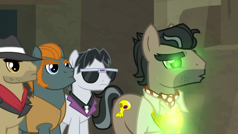 Size: 1920x1080 | Tagged: safe, derpibooru import, screencap, biff, doctor caballeron, rogue (character), withers, earth pony, pony, daring doubt, glow, glowing eyes, henchmen, male, stallion, truth talisman