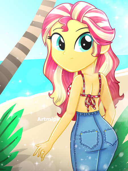 Size: 1800x2400 | Tagged: safe, artist:artmlpk, derpibooru import, sunset shimmer, human, equestria girls, adorable face, adorasexy, adorkable, alternate hairstyle, bare shoulders, beach, beautiful, bikini, bikini top, bunset shimmer, butt, clothes, confused, cute, denim, digital art, dork, female, hair, jeans, looking at you, ocean, palm tree, pants, plant, sand, sexy, shimmerbetes, smiling at you, solo, swimsuit, tree, water, watermark