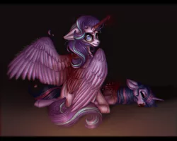 Size: 1130x904 | Tagged: grimdark, artist:blitsazalisdash, derpibooru import, starlight glimmer, twilight sparkle, alicorn, pony, unicorn, 2019, artificial alicorn, bleeding, blood, crying, dark background, death, duo, duo female, eyes closed, female, floppy ears, horn, horn impalement, injured, looking at you, looking back, looking back at you, magic, mare, murder, prone, signature, simple background, spread wings, stitches, tears of pain, transplant, usurpation, wide eyes, wing amputee, wing removal, wings