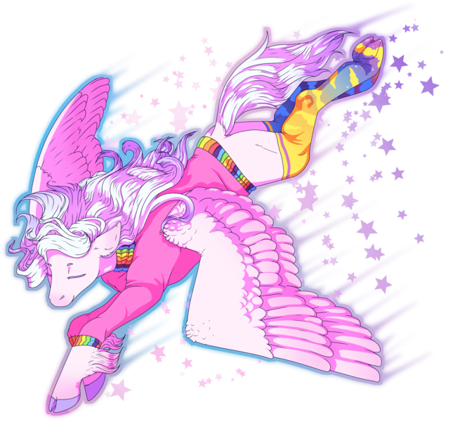 Size: 2010x1870 | Tagged: safe, artist:darling-sparkles, artist:guidomista, artist:nijimillions, derpibooru import, oc, oc:pastel, oc:pastel song, unofficial characters only, pegasus, pony, accessories, artfight, artfight 2020, blank flank, cel shading, clothes, cloven hooves, digital art, eyes closed, female, flying, fullbody, hooves, image, mare, png, realistic horse legs, realistic wings, semi-realistic, shading, socks, solo, spread legs, spread wings, spreading, stars, stockings, sweater, thigh highs, unshorn fetlocks, wings