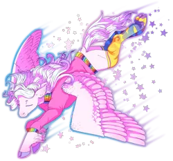 Size: 2010x1870 | Tagged: safe, artist:darling-sparkles, artist:guidomista, artist:nijimillions, derpibooru import, oc, oc:pastel, oc:pastel song, unofficial characters only, pegasus, pony, accessories, artfight, artfight 2020, blank flank, cel shading, clothes, cloven hooves, digital art, eyes closed, female, flying, fullbody, hooves, image, mare, png, realistic horse legs, realistic wings, semi-realistic, shading, socks, solo, spread legs, spread wings, spreading, stars, stockings, sweater, thigh highs, unshorn fetlocks, wings