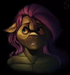 Size: 2480x2652 | Tagged: artist:spencharly, bloodshot eyes, bloody eyes, blushing, clenched teeth, crying, derpibooru import, fluttershy, human, humanized, human shoulders, looking sideways, pegasus, scared, semi-anthro, semi-grimdark, simple background, uncanny valley