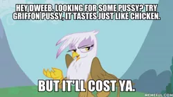 Size: 600x337 | Tagged: suggestive, derpibooru import, edit, edited screencap, part of a set, screencap, gilda, gryphon, griffon the brush off, caption, image macro, text