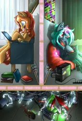 Size: 1920x2824 | Tagged: safe, artist:ravvij, derpibooru import, oc, oc:peanut bucker, oc:proxy, oc:wandering sunrise, earth pony, pony, book, chair, commission, computer, curtains, cute, electricity, electricute, female, floor, freckles, funny, gem, gemstones, hooves, impractical, insulation, laptop computer, light, magic, mane, mare, painting, pipbuck, poster, promotional art, room, shock, trotcon, vent, wall, wires