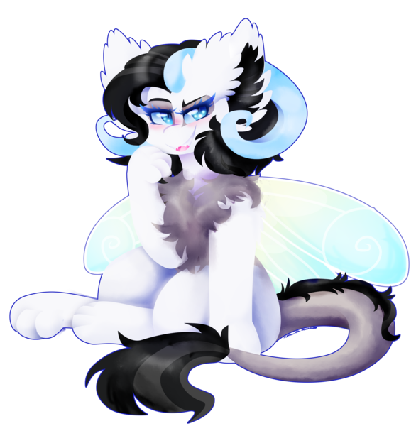 Size: 3932x4027 | Tagged: artist:vanillaswirl6, commission, derpibooru import, fairy wings, hybrid, interspecies offspring, leonine tail, oc, oc:genevieve, offspring, parent:discord, parent:rarity, parents:raricord, ram horns, safe, simple background, transparent background, unofficial characters only, wings