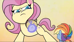 Size: 1280x720 | Tagged: safe, derpibooru import, screencap, fluttershy, rainbow dash, pegasus, pony, death of a sales-pony, my little pony: pony life, spoiler:pony life s01e07, angry, female, giant pony, giantess, giantshy, macro, stopwatch, treehouse logo