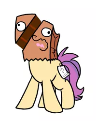 Size: 625x787 | Tagged: artist:paperbagpony, cake, derpibooru import, face on a bag, food, oc, oc:paper bag, portal (valve), semi-grimdark, the cake is a lie