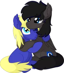 Size: 6707x7690 | Tagged: safe, artist:cyanlightning, derpibooru import, oc, oc:boreal bloom, oc:spore, earth pony, pegasus, pony, cuddling, duo, hug, looking at each other, male, simple background, sitting, stallion, transparent background, vector