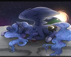 Size: 2160x1736 | Tagged: semi-grimdark, artist:loni_ee_, derpibooru import, princess luna, alicorn, pony, blood, earth, ethereal mane, female, hoof shoes, injured, lying down, mare, moon, redraw, solo, starry mane, stars, sun