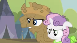 Size: 993x559 | Tagged: safe, derpibooru import, screencap, rarity, sweetie belle, earth pony, pony, unicorn, sisterhooves social, applejack's hat, covered in mud, cowboy hat, disguise, female, hat, implied applejack, mud, muddy, rarity is not amused, siblings, sisters, standing next to each other, sweetie belle is not amused, unamused