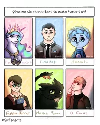 Size: 1080x1350 | Tagged: safe, artist:honey._.lu, derpibooru import, princess celestia, alicorn, dragon, human, pony, six fanarts, :p, book, bust, clothes, connor, crossover, detroit: become human, female, fixiki, glasses, harry potter, hoof shoes, how to train your dragon, jewelry, killing stalking, male, mare, necktie, peytral, tiara, tongue out, toothless the dragon