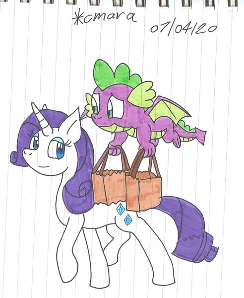 Size: 1058x1291 | Tagged: safe, artist:cmara, derpibooru import, rarity, spike, dragon, pony, unicorn, bag, duo, female, lined paper, looking at each other, male, mare, paper bag, traditional art, winged spike