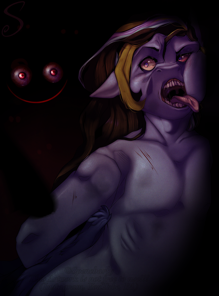 Size: 2480x3353 | Tagged: grimdark, artist:spencharly, derpibooru import, oc, anthro, pegasus, anthro oc, arm behind back, bloodshot eyes, creepy, creepy smile, cut, darkness, drool, open mouth, scar, shadow, smiling, tongue out