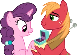 Size: 4220x3000 | Tagged: safe, artist:cloudyglow, derpibooru import, big macintosh, sugar belle, earth pony, pony, unicorn, the big mac question, .ai available, female, freckles, high res, holding hands, jewelry, male, mare, marriage proposal, ring, shipping, simple background, stallion, straight, sugarmac, transparent background, vector