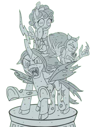 Size: 1500x2063 | Tagged: safe, artist:starbat, derpibooru import, cozy glow, lord tirek, queen chrysalis, changeling, pony, antagonist, legion of doom, legion of doom statue, petrification, simple background, transparent background