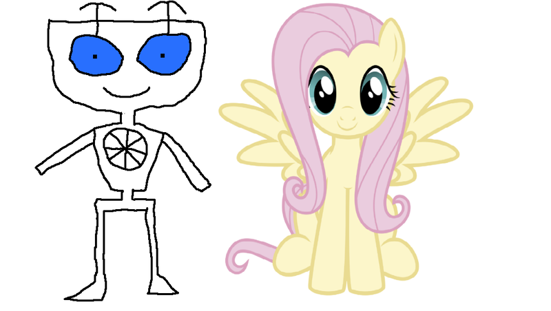 Size: 1108x626 | Tagged: safe, artist:benfanrobot2000, derpibooru import, fluttershy, pony, robot, b.e.n, crossover, cute, looking at you, simple background, white background