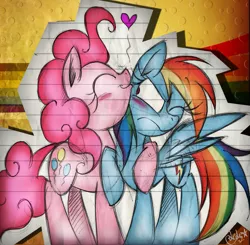 Size: 1023x1004 | Tagged: safe, artist:lelestar, derpibooru import, pinkie pie, rainbow dash, earth pony, pegasus, pony, blushing, duo, female, heart, lesbian, lined paper, mare, pinkiedash, rainbow dash is not amused, shipping, traditional art, unamused