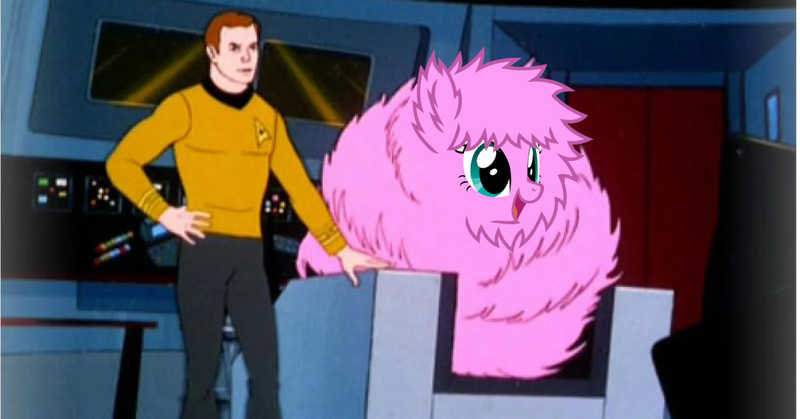 Size: 1200x628 | Tagged: safe, derpibooru import, edit, oc, oc:fluffle puff, human, pony, chair, crossover, female, james t kirk, mare, open mouth, sitting, smiling, star trek, star trek: the animated series